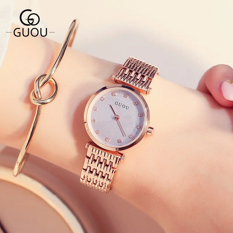 GUOU оригинальные женские кварцевые наручные часы с кристаллами розового золота