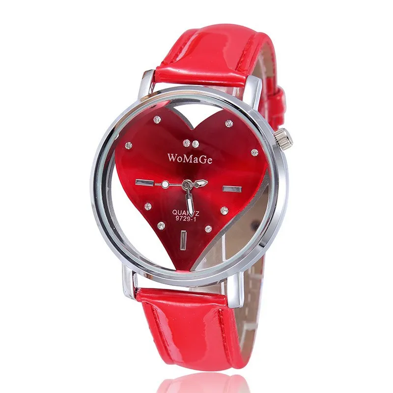 

Ladies Watch Stylish Transparent Heart-shaped Hollow Dial Women Dress Wristwatch Leather Watchband Quartz Clock zegarek damski