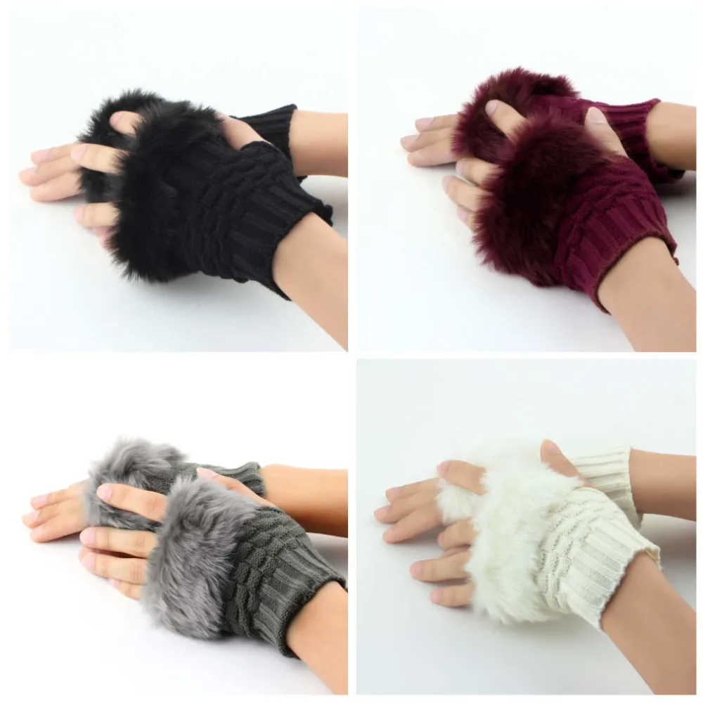 Women Fingerless Gloves Cute Faux Rabbit Fur Knitted Female Winter Knitting Warmer Wrist Hand Mitten 2017 Hot Sale | Аксессуары для