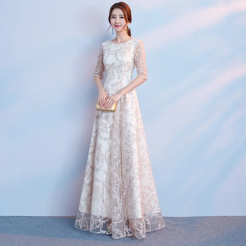 Champagne Elegant Evening Dress Pink Lace Appliques Evening Dresses Short Student Birthday Evening dress for Women ES2582 - Цвет: Champagne-Long