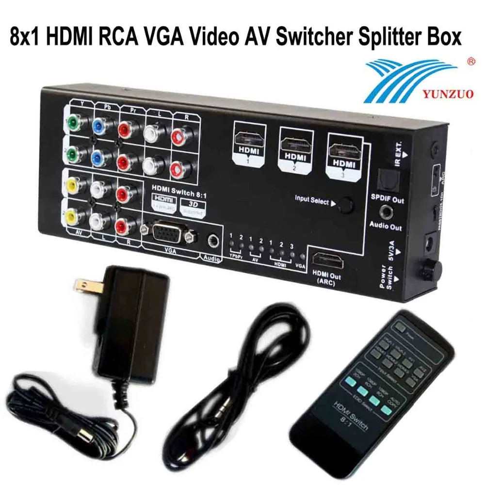 HDMI переключатель 8x1 RCA VGA Видео AV коммутатор 8 входного порта 1 Выход 1080 p 60 Гц аудио