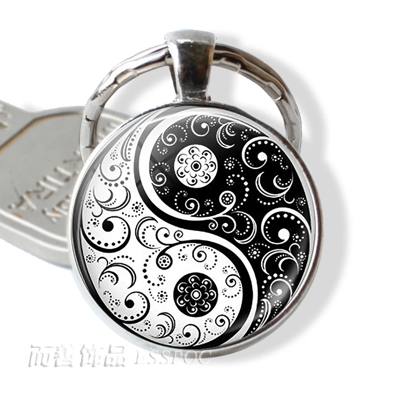 Инь Ян брелок древний даосизм черный Withe Tai Chi знак кулон кольцо стеклянные