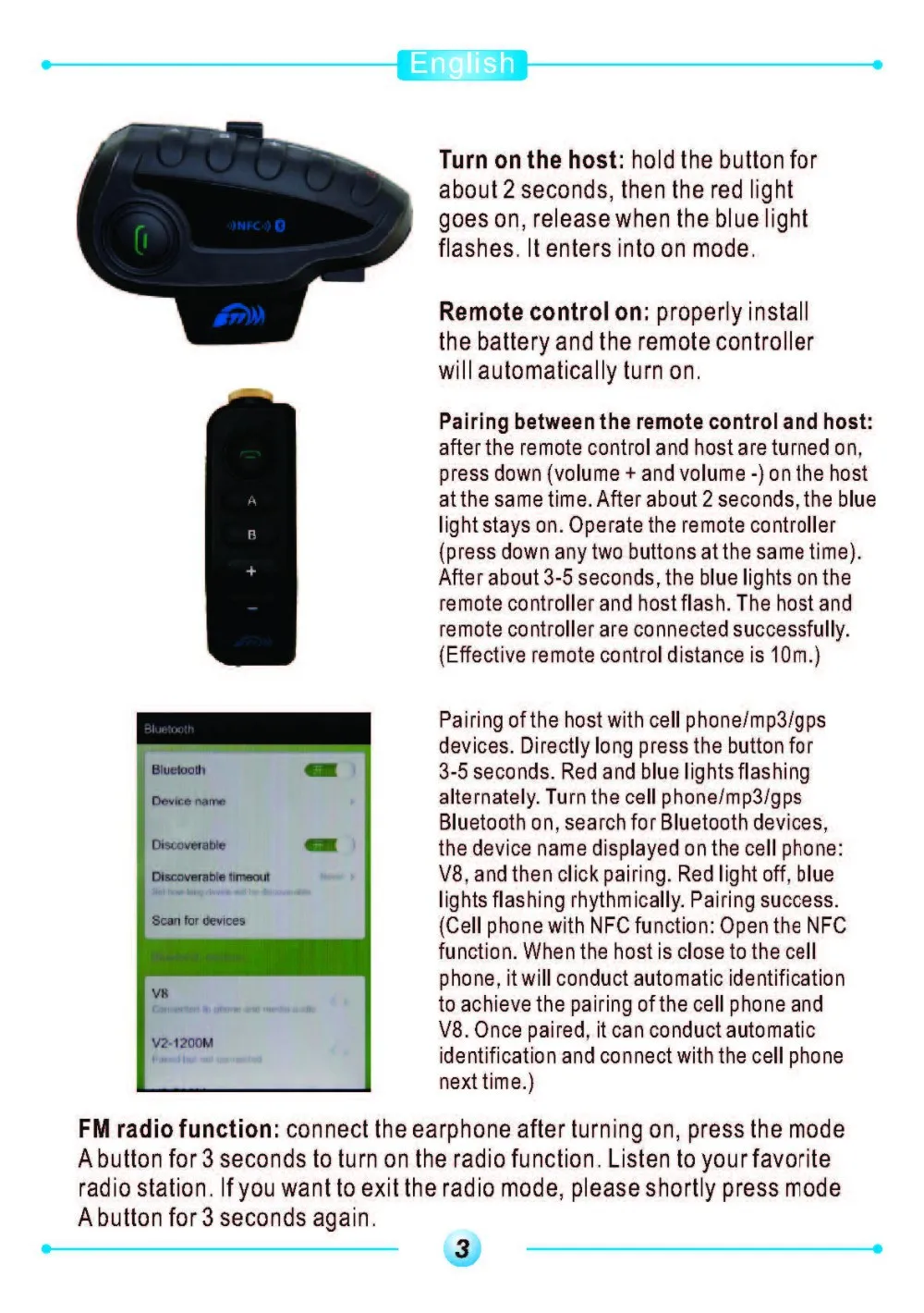 V8 1200M BT Bluetooth мотоциклетный шлем Интерком для 5 всадников домофон гарнитура NFC/Tele пульт дистанционного управления с fm-радио