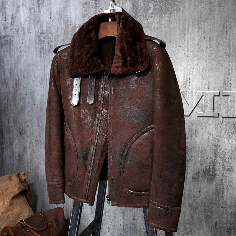 Мужская шуба из овчины красное/Коричневое Пальто пилота 011