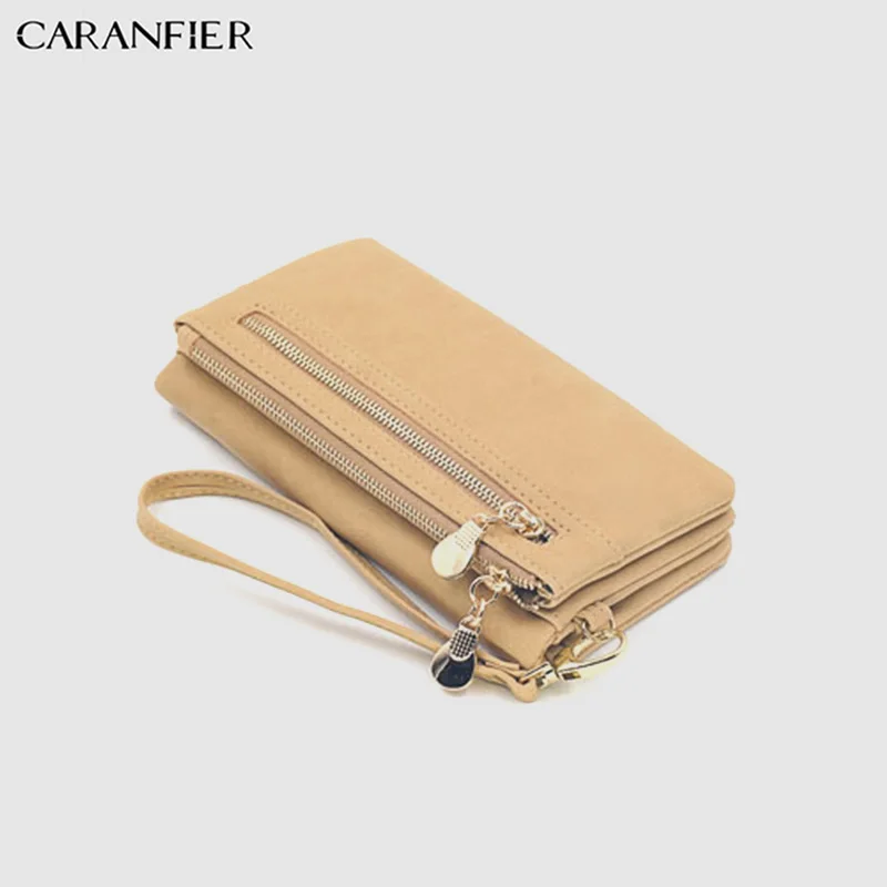 Beige CARANFIER Женский кошелек из искусственной кожи, повседневный двойной клатч на молнии, Женский кошелек с ремешком, длинный, вместительный, модный кошелек для монет - Цвет: Beige