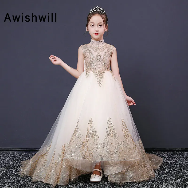 New Arrival 2020 Flower Girl Dresses High Neck Gold Lace Pagenat Dress Sleeveless Ball Gown Kids Party | Свадьбы и торжества