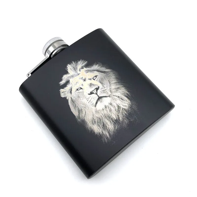 Черная фляжка King Lion 6 унций из нержавеющей стали, именная фляжка для спирта, ром, ликера, лазерная гравировка, Лев с одной воронкой