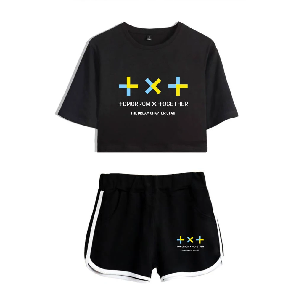 TXT Kpop симпатичная футболка с принтом короткие брюки стильные летние комплекты из