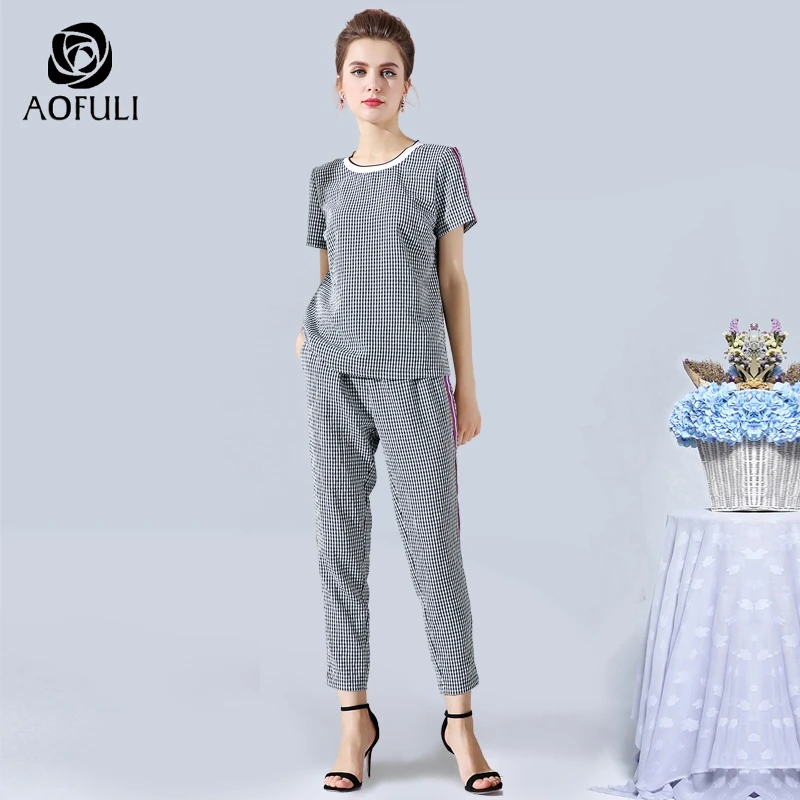 AOFULI L 4XL 5XL плед печати костюм из 2 предметов женские летний комплект большие