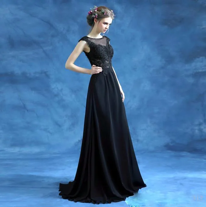 2016 line Бато Cap Рукавом Аппликация vestido де феста лонго Вечернее Платье Черный