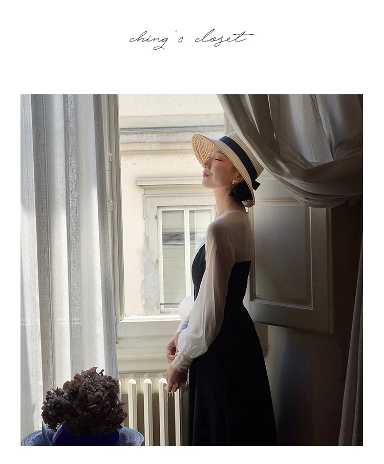 Vestido, весна-осень, женское винтажное платье в стиле Хепберн, элегантное, тонкое, v-образный вырез, длинный рукав, сетка, пэчворк, черное, длина до колена, платье sukienk