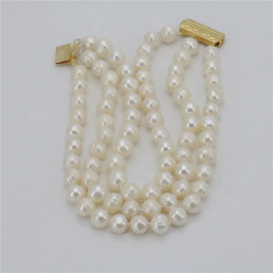 Новый Стиль Изящные 3 ряда 7-8 мм белый пресноводный жемчуг браслет бусины