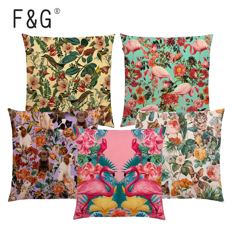 Наволочка с животным цветочным рисунком фламинго кошка собака олень ягуар