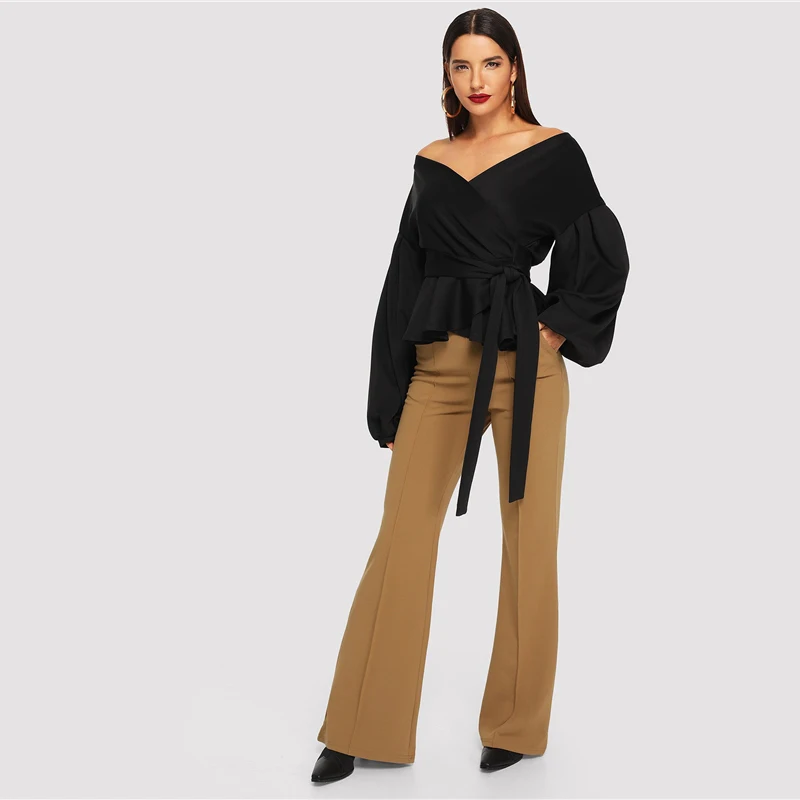 SHEIN белая офисная женская элегантная блузка с рукавом-фонариком и баской с открытыми плечами, Осенние сексуальные женские топы и блузки