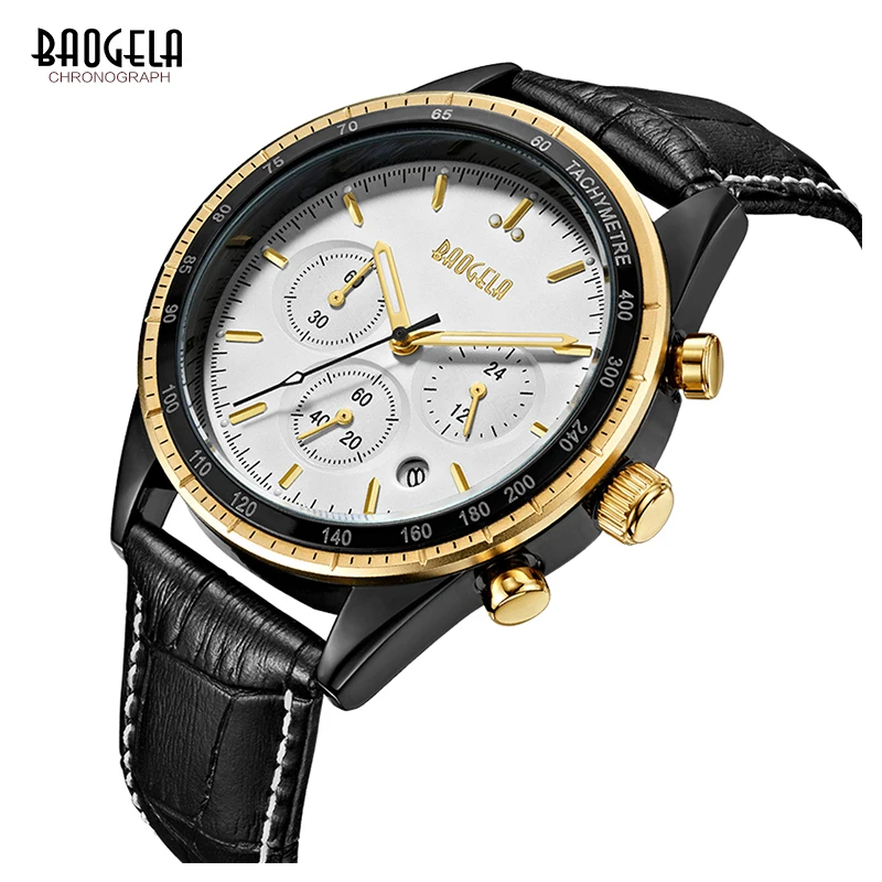 BAOGELA хронограф Черные новые часы мужские s кварцевые наручные с кожаным ремешком