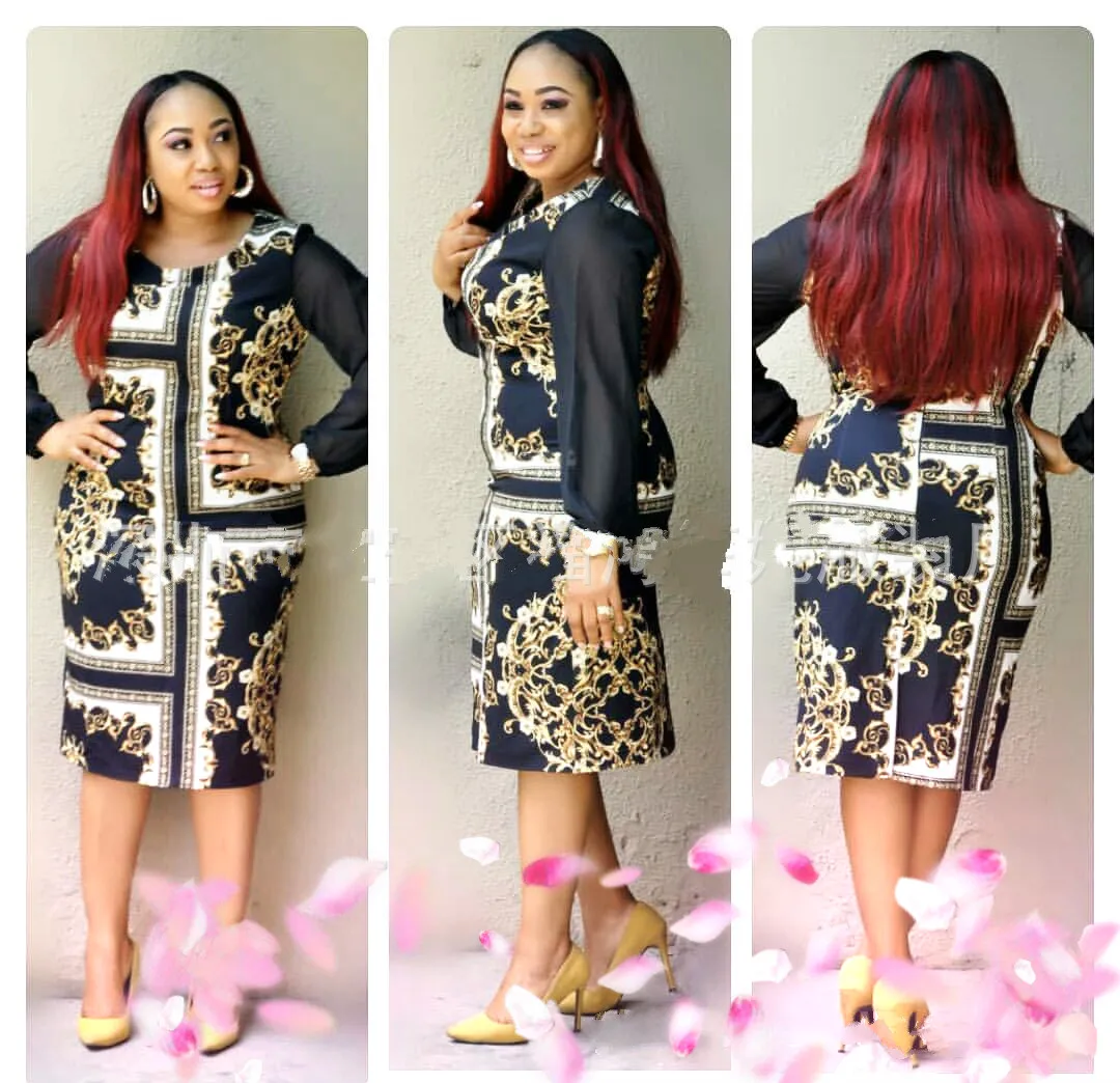 2008 модное платье с принтом круглый воротник рукав дном чистый шифон длинный