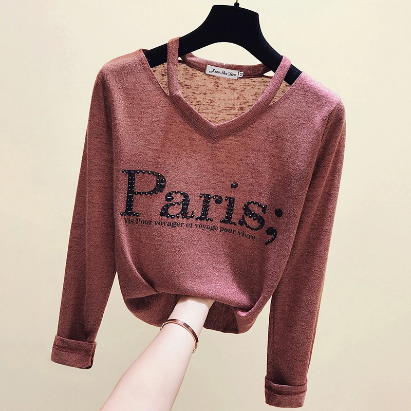 Футболка с длинным рукавом женская весенняя свободная треугольным вырезом