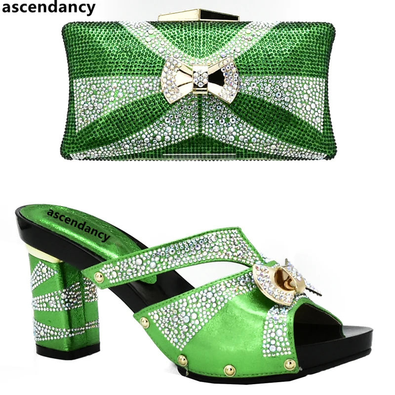 Latest Green Color African Matching Shoes and Bags Italian In Women To Match Shoe with Bag Set Stone | Обувь