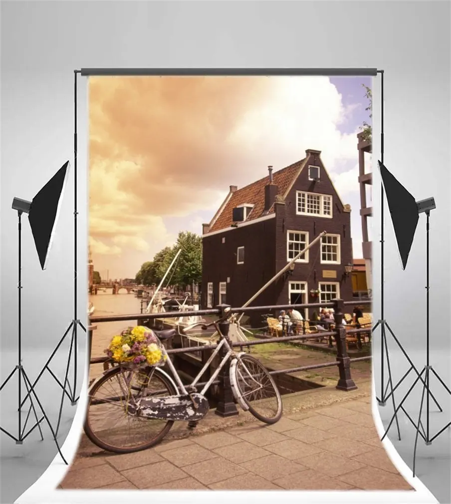 

Photography Backdrop Nature River Retro House Vintage Bicycle Flowers Blue Sky Dark Cloud Ric