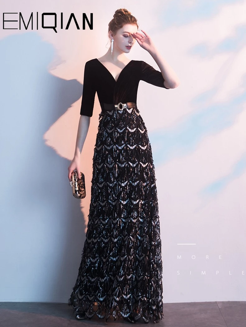 

2019 NEW A line Half Sleeve Black Velvet Long Formal Evening Dress Tassel V Neck Party Banquet Evening Prom Dresses