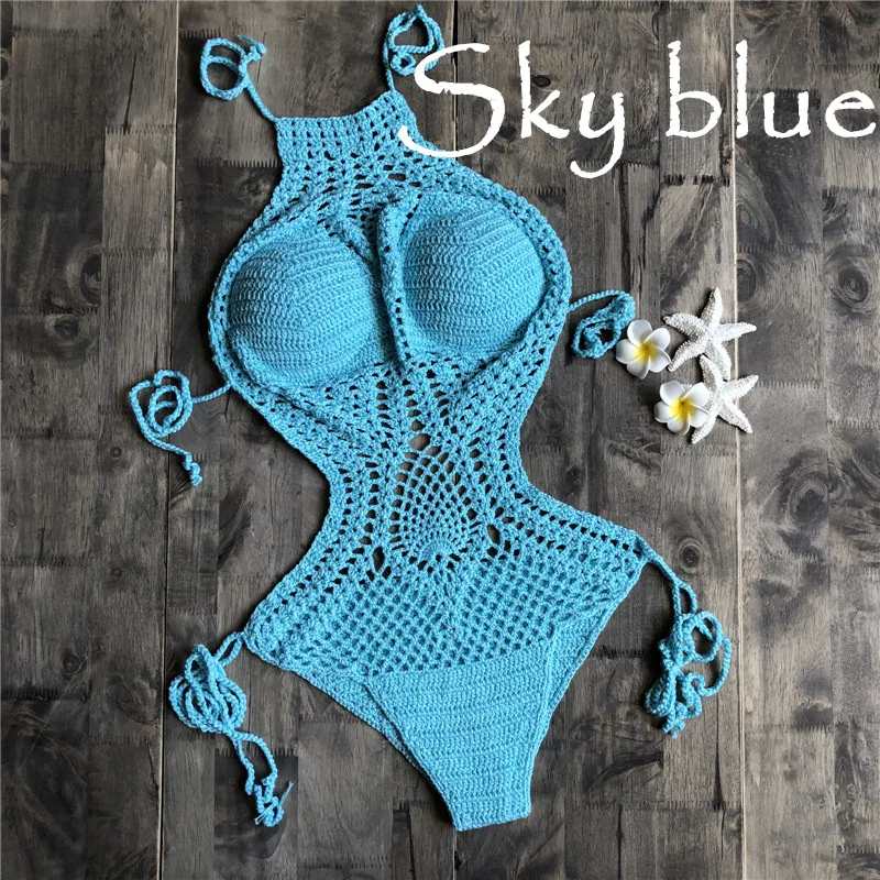 Женский вязаный купальник с бретелькой через шею пикантный открытый Монокини