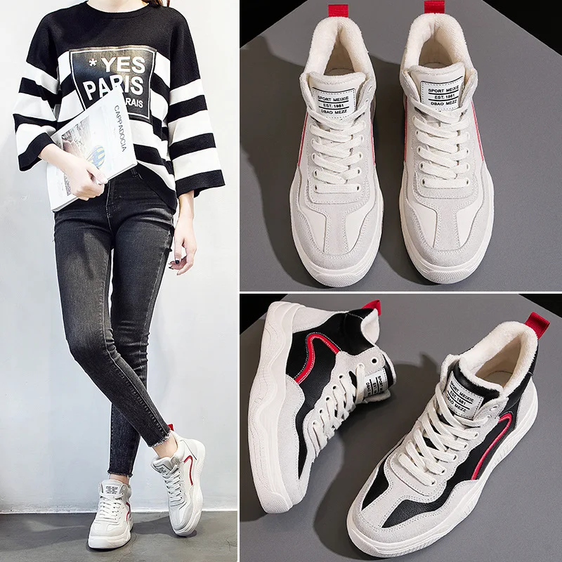 

SWYIVY Sneakers Female Casual Flat High-top 2019 Spring New Woman White Shoes Plus Velvet Winter Cotton Shoes Platform Sneakers