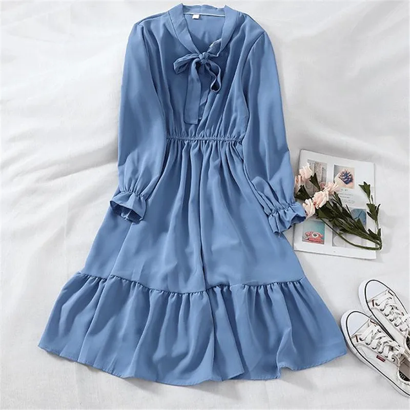 

Spring Autumn Vintage Dress Women Long Dress Elastic High Waist Tie Bow Dress Female Long Sleeve Ruffles Dresses Vestidos AB1232