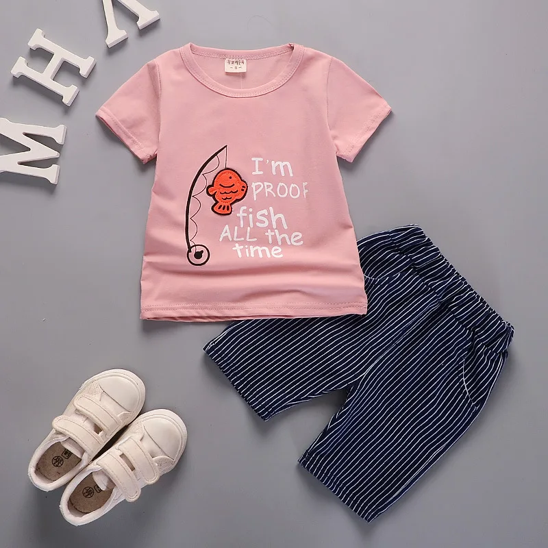 Children Boys boy Cartoon Clothing Sets Baby T-shirt Stripe Shorts 2Pcs/Sets Kids Pure Cotton Garment Toddler Tracksuit | Детская одежда