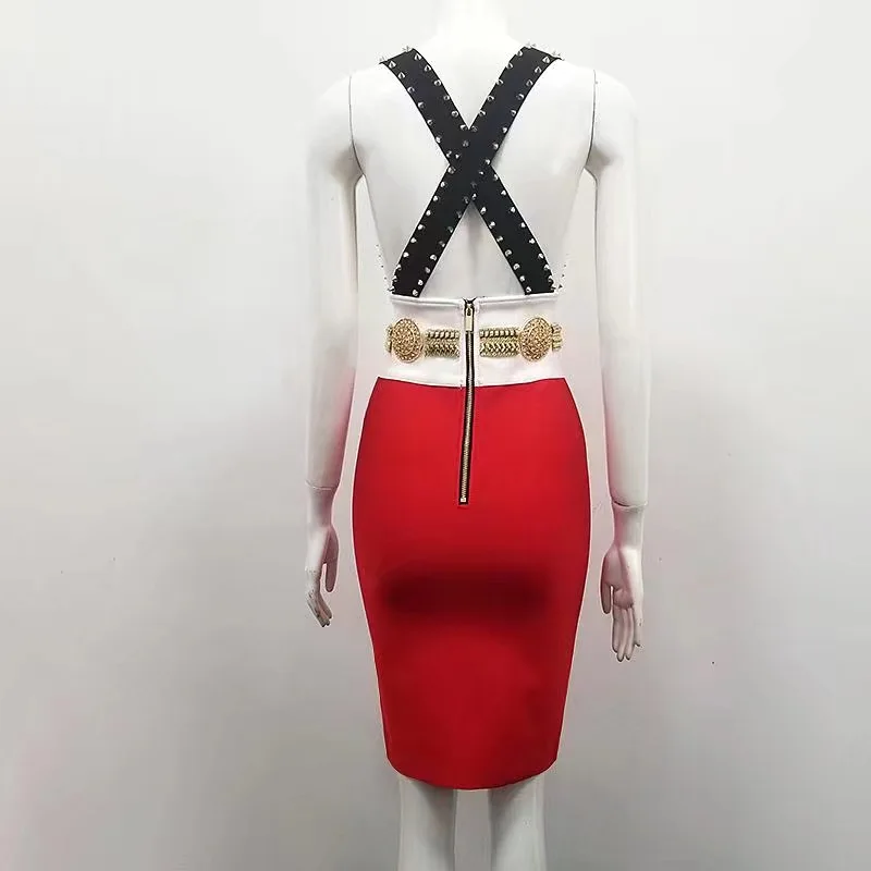 

Top Quality Sexy V Neck Patchwork Rivet Bandage Dress 2018 Celebrity Designer Fashion Dress Vestido
