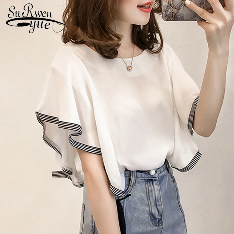 Модные женские блузки 2018 Лето с коротким рукавом плюс размер Топы шифоновая