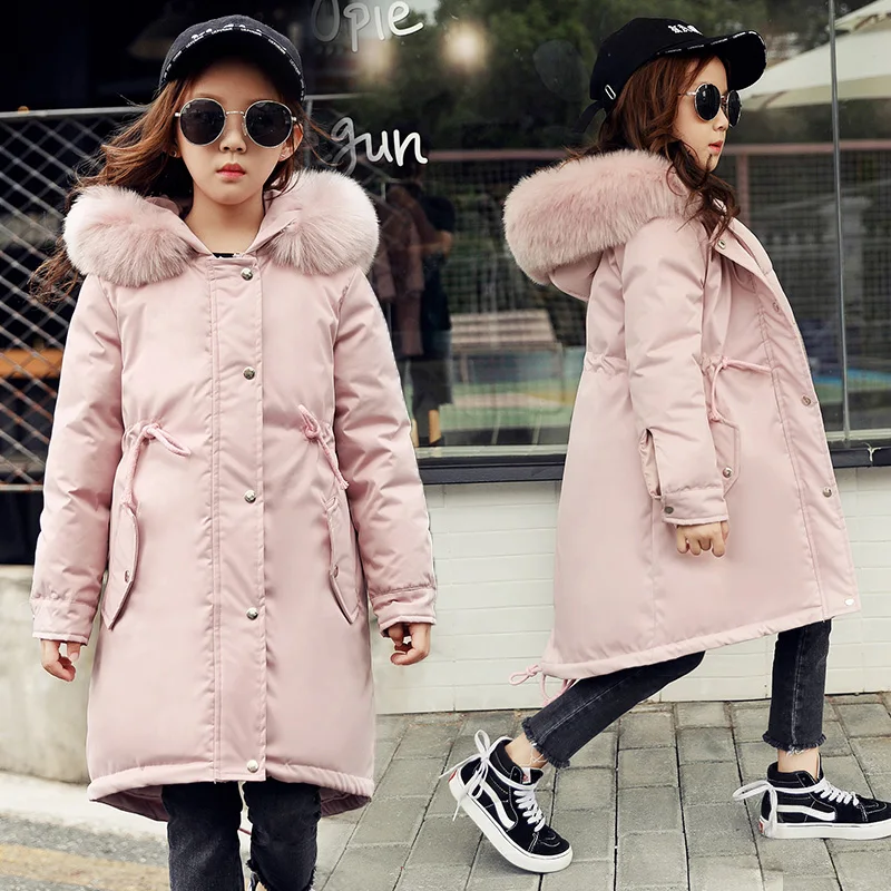 2018 Girls Winter Long Big Fur Collar Thickened Jackets kids Outdoor Hooded Warm Windbreakers Kids Casual Slim Outerwear &amp Coats | Детская