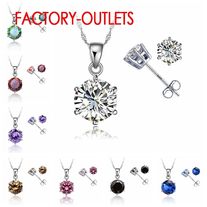 

New Elegant 8 Colors Cubic Zirconia 925 Sterling Silver Jewelry Sets 6 Claws Stud Earring Pendant Necklace 18" Chain