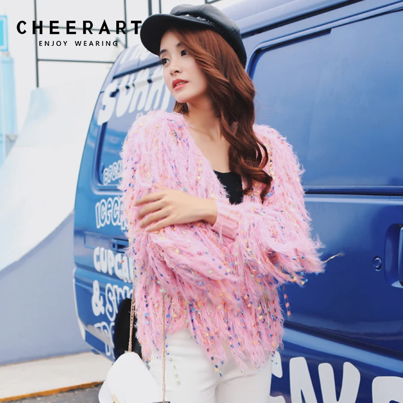 Женский свитер с блестками Cheerart розовый/черный/белый/серый вязаный кардиган