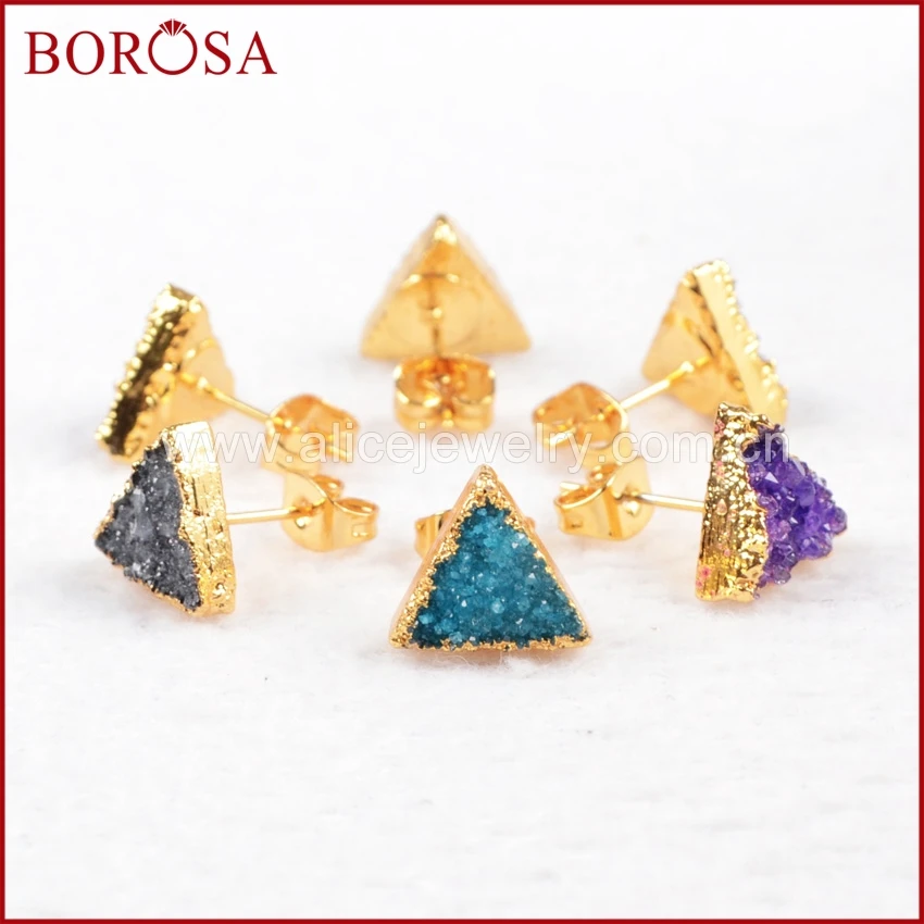 Серьги-пусеты с кристаллами BOROSA, треугольник золотого цвета, серьги с радужными кристаллами для женщин и девочек, украшения G0432