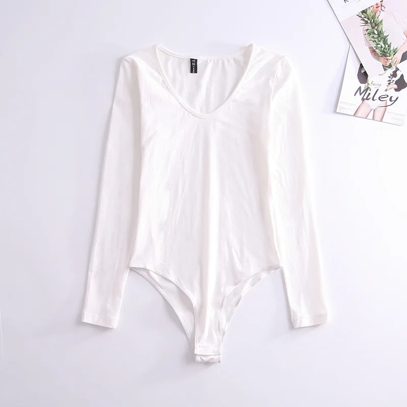 Облегающий однотонный боди для женщин 2018 с v образным вырезом длинным рукавом