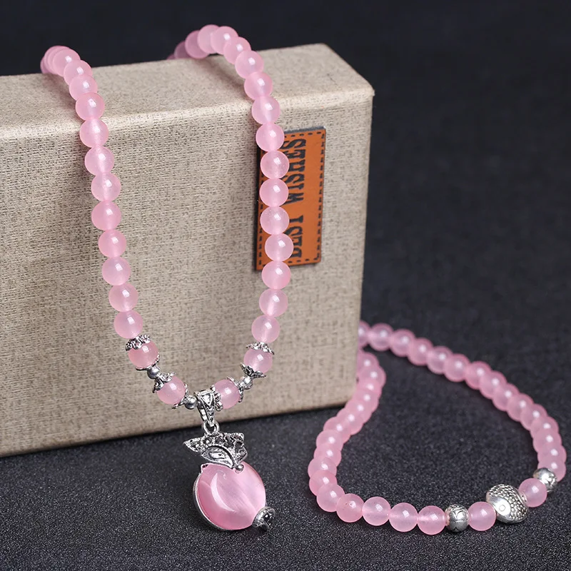 

New Pink 6mm Crystal Stone 108 Buddhist Prayer Beads Bracelet Silver Plated Fox head Pendant For Women Jewelry Bangles