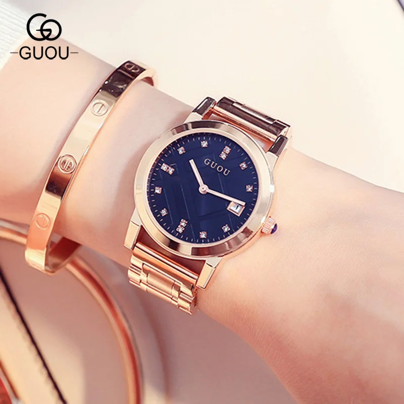 Часы GUOU женские кварцевые со стразами с календарем|reloj brand|reloj relojreloj women |