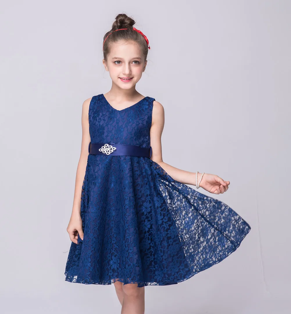 Dark blue OLEKID/ г. Летнее нарядное платье для девочек; Брендовое Сетчатое кружевное свадебное платье принцессы без рукавов для девочек; От 3 до 12 лет платье для подростков - Цвет: Dark blue