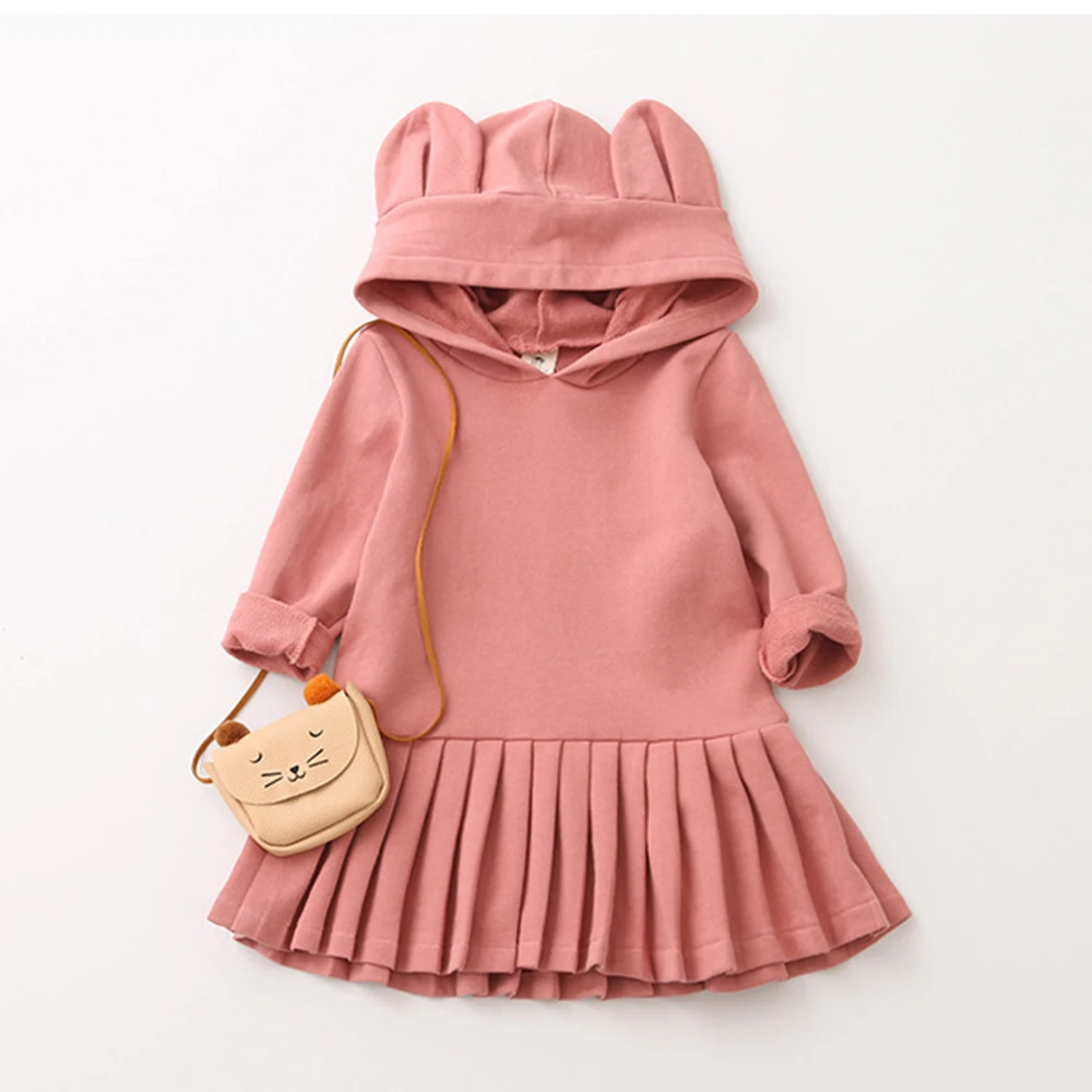 weLaken 2018 New Arrival Girl's Dress Cute Bear Ears Kid's Outwear Autumn Winter Long Sleeve Hooded Cotton Casual Pleated | Детская