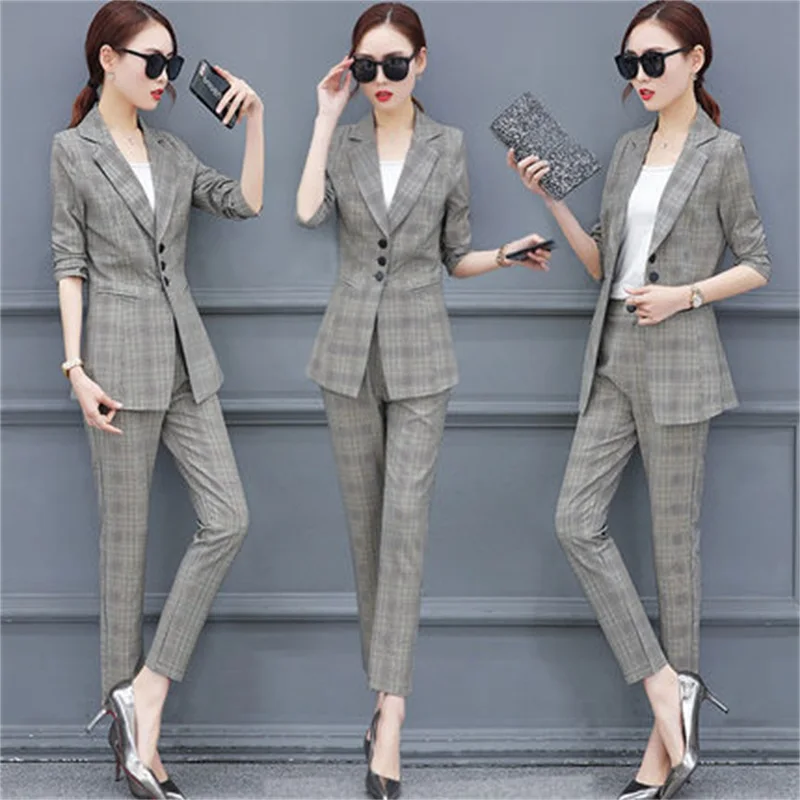 

Women business Suits Fashion Women's Pants Suit slim lattice Suit Jackets with Pants Office Ladies formal OL Pants Work wear set