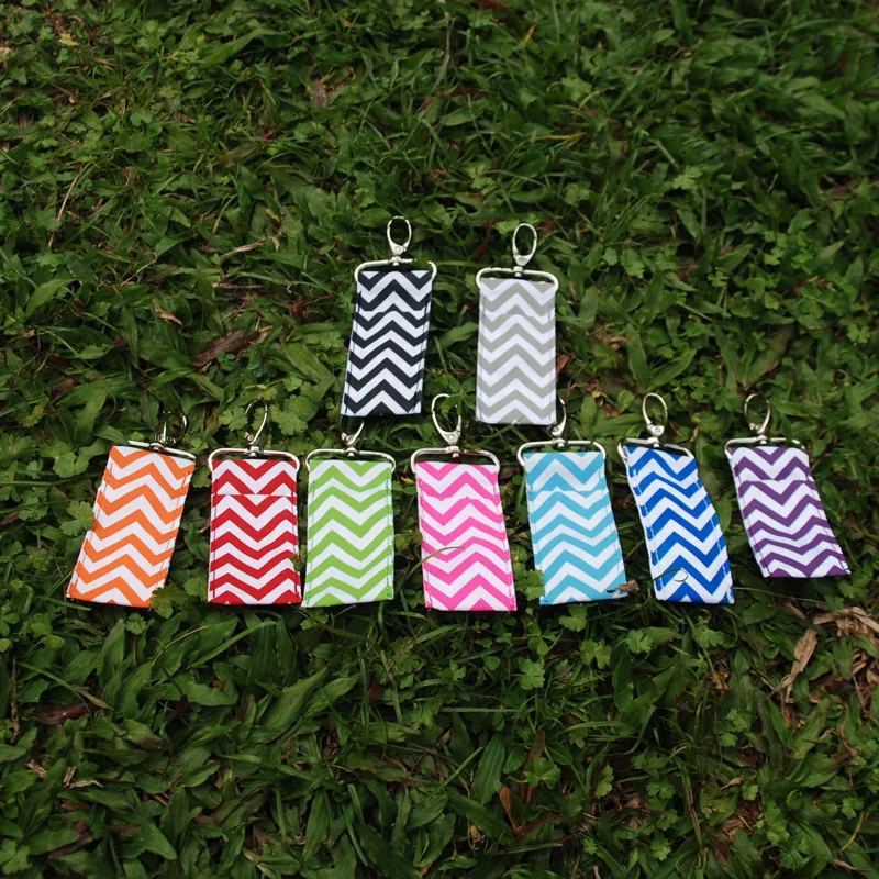 

Low Moq Chevron Chapstick Holder Zigzag Keychain Ribbon Lipbalm Case With Pink color