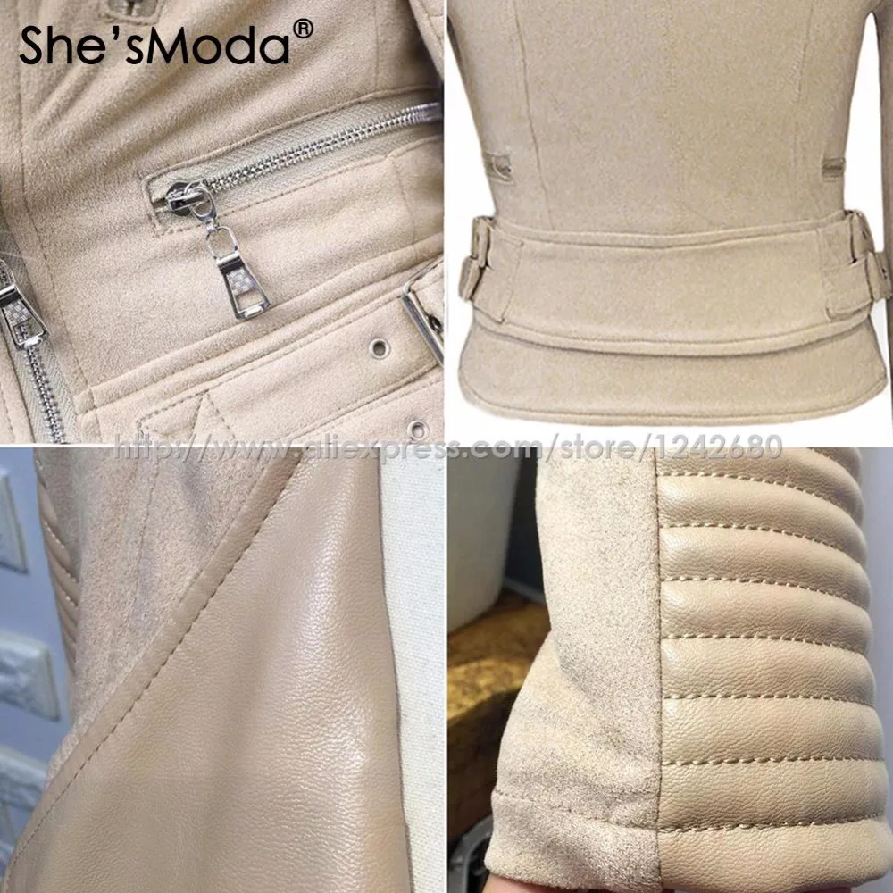 She'sModa искусственная замша мягкая наплечная кожаная куртка для женщин приталенное пальто с двойной молнией байкерские кожаные куртки черные