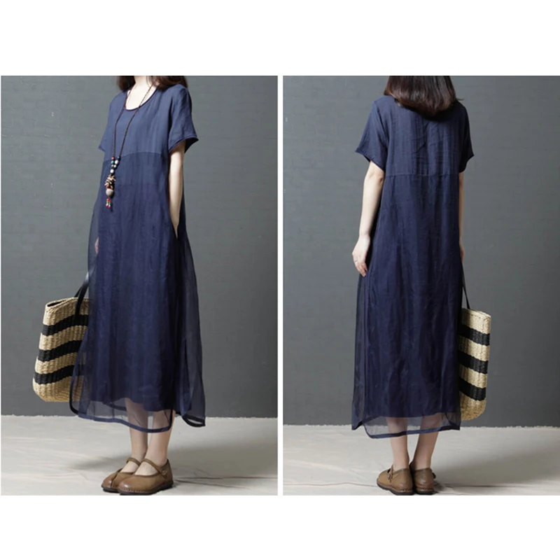 foxmertor 2020 M-3XL Summer Retro Art Large Size Women's Loose Dress O-Neck Ramie Solid color women dress elegant Long E8861 | Женская