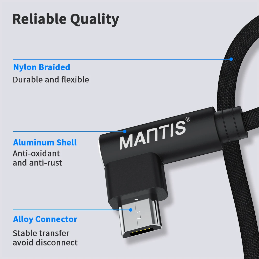 Micro USB кабель MANTIS 3 м 2 м 1 м 90 градусов нейлоновый кабель для синхронизации данных и быстрой зарядки для samsung huawei Xiaomi Oneplus Redmi