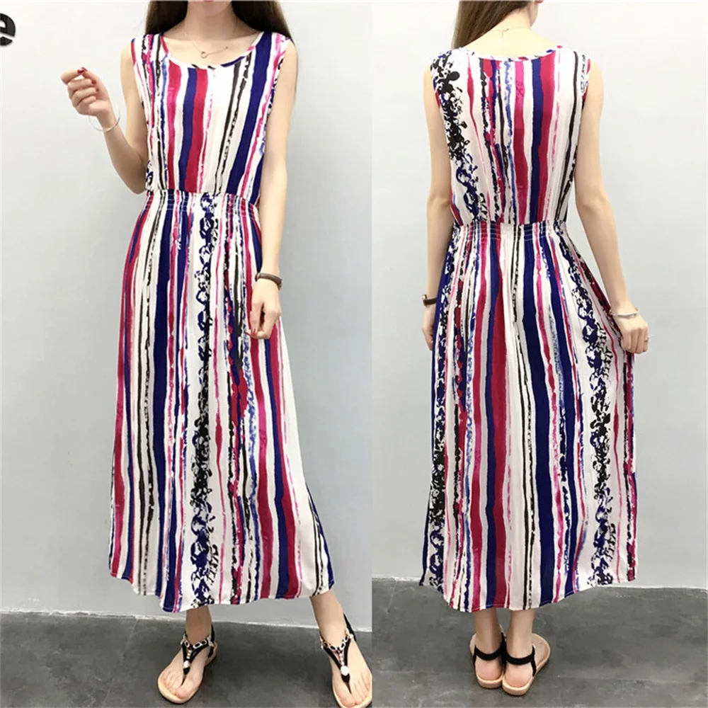 Летние богемные женские платья с О-образный воротник без рукавов женский Платье