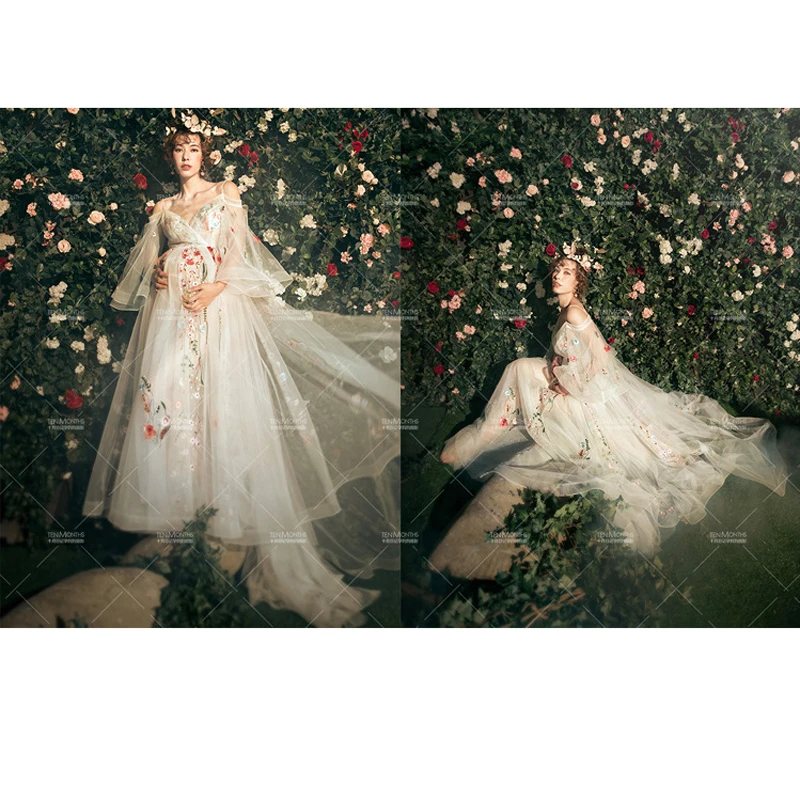 Maternity Photography Props Pregnant Dresses Deep V Collar Clothes Floor Length Embroidery Elegant A Line Photo Shoot | Мать и ребенок