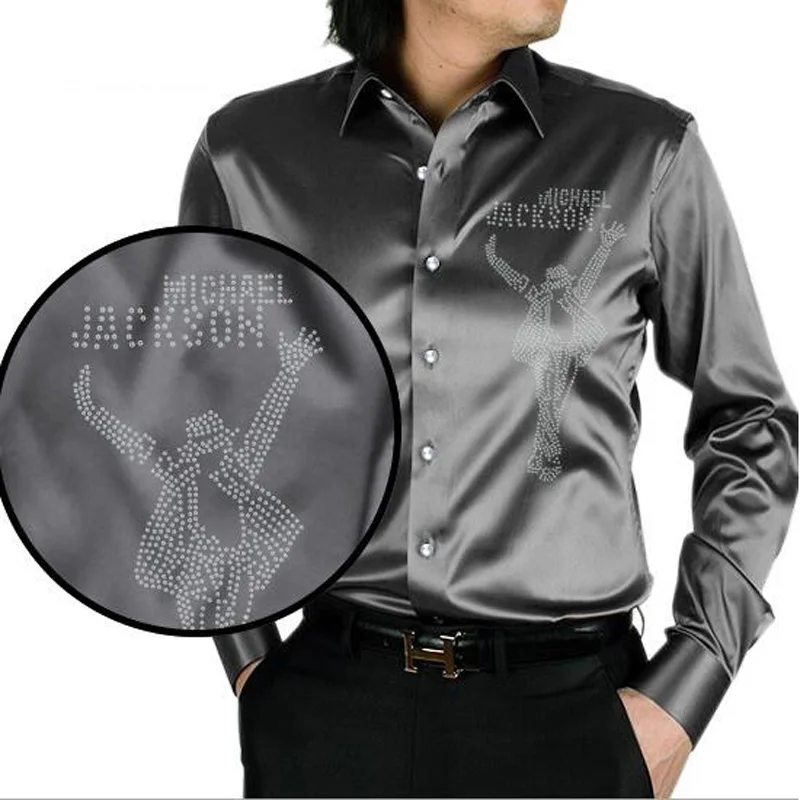 Men Shirt Fashion Rhinestone Silk Satin Mens Long Sleeve Camisa Hombre Couples Wedding Dress | Мужская одежда