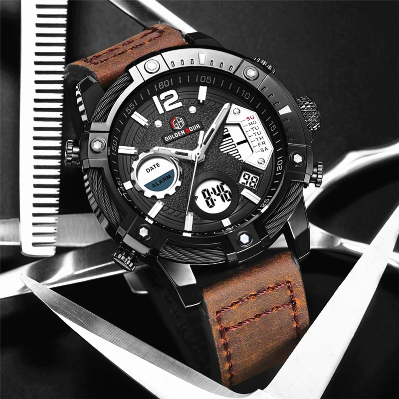 Часы мужские кварцевые с кожаным ремешком модные водонепроницаемые спортивные