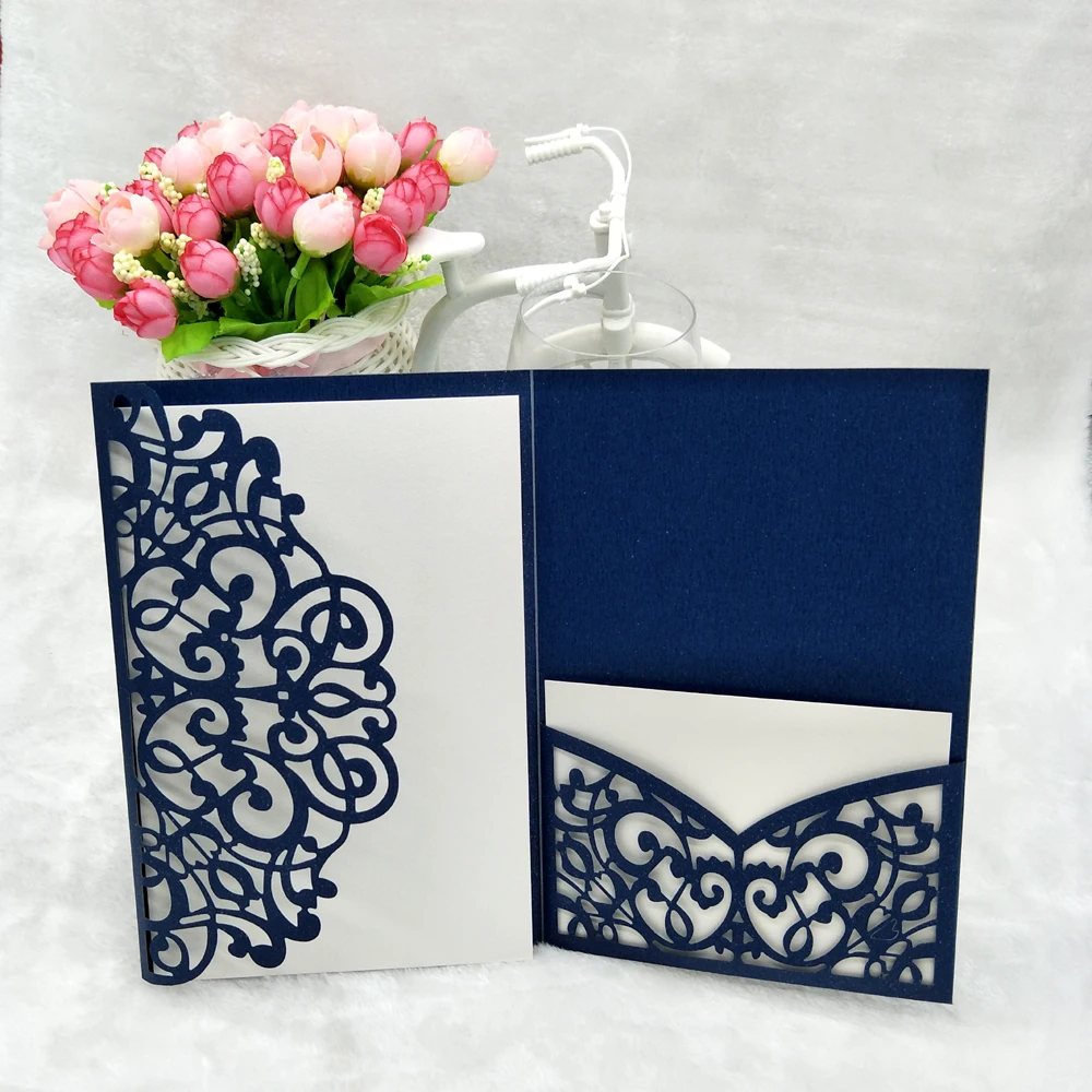 Темно синие мерцающие карманные свадебные приглашения тройного сложения с