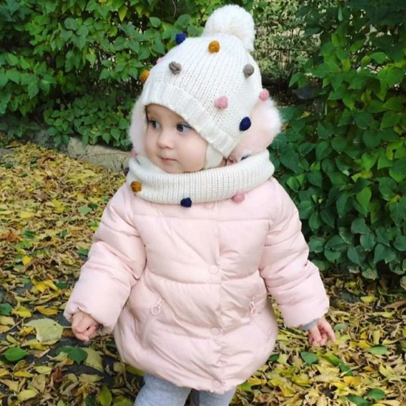 

Children Winter Caps Earflap Pompom Hat Scarf Set For Girls And Boys Baby Hat With Colorful Pompom